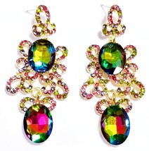 Drag Queen Chandelier Earrings Vitrail on Gold Rhinestone Crystal Bridal Prom Pa - $39.98
