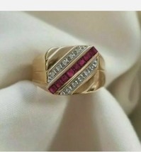 Mens 14k Yellow Gold Over 1.42Ct Round Cut Diamond &amp; Princess Cut Red Ruby Ring - £80.17 GBP