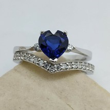 Chevron Ring Set 14K White Gold Sterling Silver Heart Shape Solitaire Sa... - $79.99