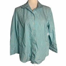 Chicos No Iron Striped Button Front Shirt M Green White Cotton - £17.50 GBP