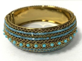 Gold-Tone and Blue Beaded Thick Bangle Bracelet - £7.43 GBP