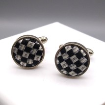 Vintage Fabric Cufflinks Made from Ties in Silver Tone, Black and White - £20.03 GBP