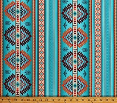 Cotton Southwestern Stripes Dreamcatchers Turquoise Fabric Print by Yard D462.79 - £9.42 GBP