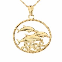 14k Real Solid Yellow Gold Roped Circle Dolphin Trio Pendant Necklace - £150.89 GBP+