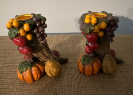 Cornucopia Horn Of Plenty 4&quot; Fall Harvest Pair Tabletop Resin Candle Holders - £13.70 GBP