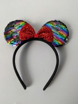 Disney Rainbow Ears Minnie Mouse Headband Sequins Red Bow Black - £11.77 GBP