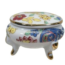 Footed Mini Trinket Ring Box Lefton Japan Porcelain Floral Paisley Floral Vtg - £19.92 GBP