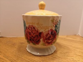 Pioneer Woman Sugar Bowl Multi Color Floral Scalloped Edge Yellow Lid - £15.58 GBP