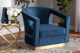 Leda Navy Blue Velvet Fabric Upholstered and Gold Finished Metal Armchair - $10,793.33 MXN