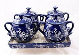 Temptations 2 Handled Covered Soup Bowls and Tray Cobalt Floral Lace 16 Ounces - £24.46 GBP