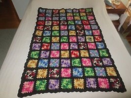 Crocheted Stain Glass Granny Square Black Acrylic Crib Or Lap Throw - 37&quot; X 57&quot; - £23.89 GBP