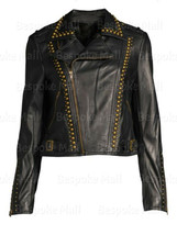 New Men&#39;s Black Golden Studded Punk Rock Brando Cowhide Biker Leather jacket-645 - £150.12 GBP