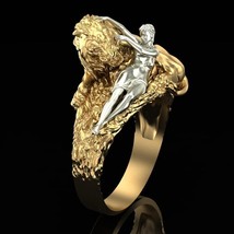 14K Gold Plated Lion With Man Ring, Handmade Jewelry, Luxury Gift For Him, Her - £214.76 GBP