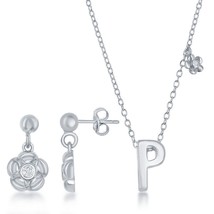 Sterling Silver Shiny &quot;P&quot; with Tiny CZ Flower Necklace and Earrings Set - £60.21 GBP