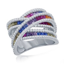 Sterling Silver Rainbow Baguette CZ Double &#39;X&#39; Ring - £107.07 GBP