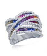 Sterling Silver Rainbow Baguette CZ Double &#39;X&#39; Ring - £105.50 GBP