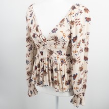 Alya Floral Top Knotted Ruffle Long Sleeve V-Neck Bohemian Blouse 100% Rayon SM - £11.57 GBP