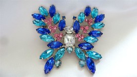 Vintage Large Cobalt Blue Aquamarie Pink Crystal Rhinestones \Butterfly Brooch - £97.73 GBP