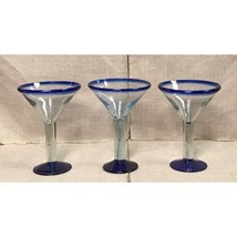 Hand Blown Art Glass Martini Set Of 3 Clear And Cobalt Blue Stemware - £24.91 GBP