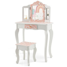 2-in-1 Kids Vanity Table Set with Tri-folding Mirror-Pink - Color: Pink - £90.97 GBP