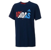 Adidas Big Boys L Navy Blue Slashed Logo Print Short Sleeve Shirt NWT - £10.71 GBP