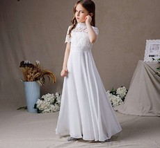 White High Neck Chiffon First Communion Dresses 2023 Lace Short Sleeves Dress - £92.80 GBP