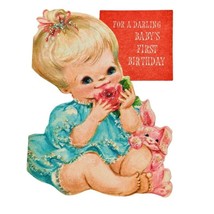 1950s Hallmark Blonde Baby Girls First Birthday Card Pink Bunny Vintage Unused - £6.13 GBP