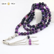 Natural Agate Stone Purple Islamic 8mm Prayer 99 Beads Tasbih, Misbaha, Tasbeeh - £24.57 GBP