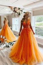 Orange Tulle Lace Long Prom Dresses,Illusion A Line Formal Dress - £151.69 GBP