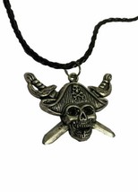 Tibetan Silver Pirate Skull &amp; Cutlass Pendant. Black Leather Skull Bead Necklace - £6.22 GBP