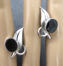 Star-Art Art Deco Sterling Silver Screw Back Earrings Black Oval Stones Leaves - £7.43 GBP