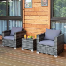 3 Pcs Patio Rattan Furniture Bistro Sofa Set with Cushioned-Gray - £260.48 GBP