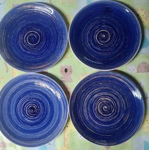 Set of Four (4) ~ Mainstays ~ 7.5&quot; Dia ~ Blue Swirl Salad Plates ~ Stone... - £26.37 GBP