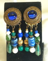 Blue Moon Earrings with Dangle Glass Beads Gold Tone Clip On Jewelry Vintage - $19.79