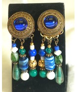 Blue Moon Earrings with Dangle Glass Beads Gold Tone Clip On Jewelry Vin... - $19.79
