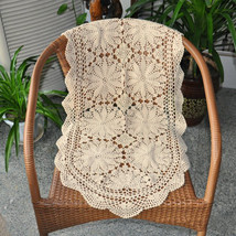 Beige Vintage Lace Table Runner Hand Crochet Dresser Scarf Oval Doily 19&quot;x39&quot; - £13.44 GBP