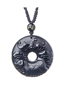 Black Obsidian Pig (Boar) &amp; Bat Fortune Pendant Amulet with Mantra Bead ... - $41.03 CAD