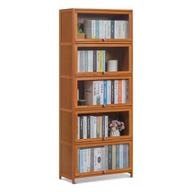 5 Tier Book Cabinet With Acrylic Doors, Bamboo Display Shelf Organizer S... - £153.67 GBP