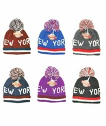 Unisex New York Print Ski Knit Hat Beanie with Pom Pom 10pk - $31.10 CAD