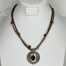 Chico&#39;s Studded Pendant on Beaded Brown Cord and Silver Tone Necklace - £13.28 GBP