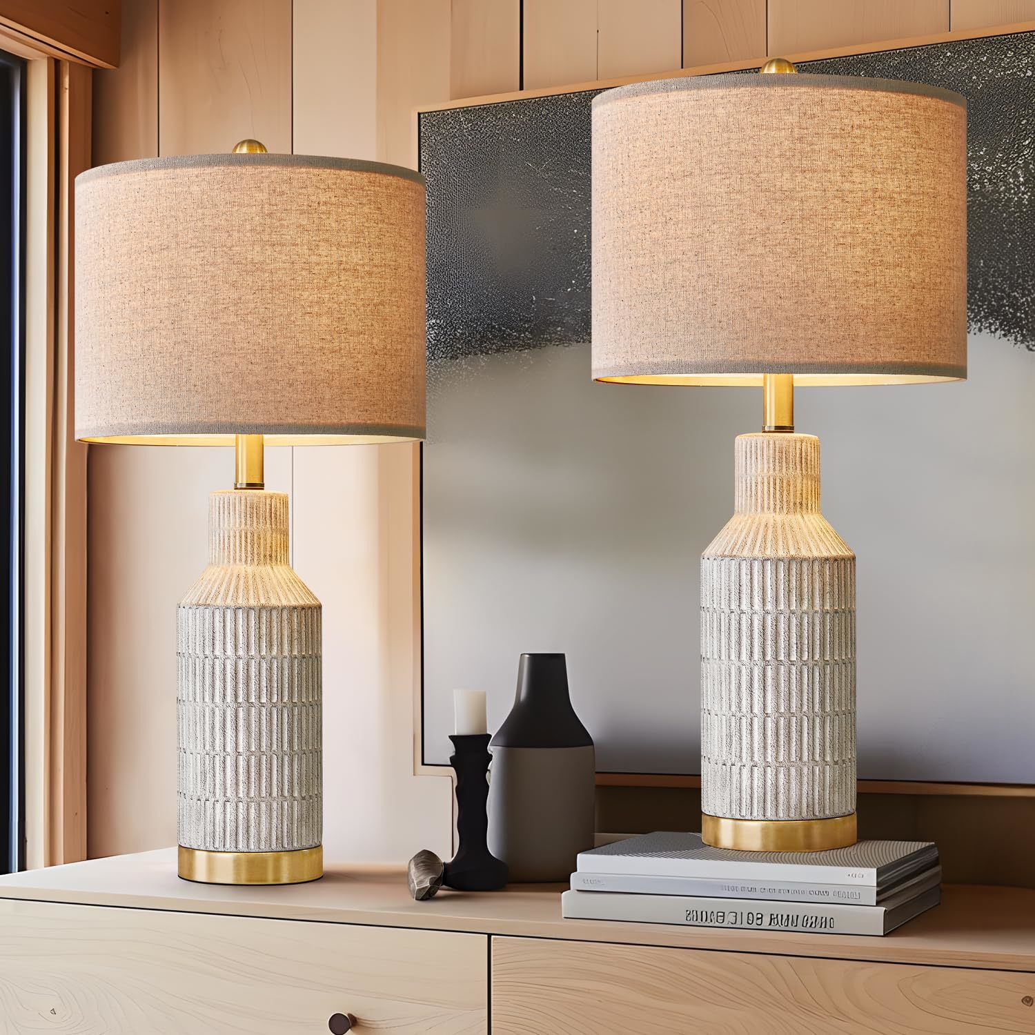 25" Modern Ceramic Lamps Set Of 2 Table Lamp For Living Room Bedroom Farmhouse N