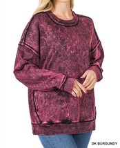 Zenana french terry mineral wash sweatshirt in Dark Burgundy - size 1X - $34.65