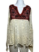 Free people Shirt Women&#39;s XS Ivory Embroidery Aztec Bohemian Casual Topper - AC - £19.27 GBP