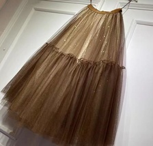 Gold Tiered Long Tulle Skirt Outift Women Custom Plus Size Tulle Skirt Outfit image 5