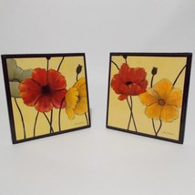 Carol Robinson Poppies 2 Square Wall Plaque Set Orange Yellow Flowers - $29.68