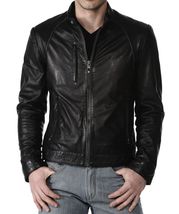 Men Leather Jacket Black Slim fit Biker Motorcycle Genuine Lambskin Jacket MJ093 - £91.91 GBP