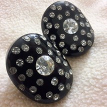 Vintage plastic black with Clear Rhinestones clip on earrings - $14.25