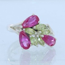 Lab Ruby Peridot Gemstone Handmade Sterling 925 Silver Ladies Floral Ring size 8 - £75.17 GBP