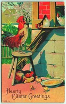 Hearty Easter Greetings Crowing Rooster Hen House Chicks 1909 DB Postcard F8 - £7.95 GBP