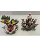 2pc Porcelain Capodimonte Pink Rose Flower Centerpiece and Pink Flowers ... - $306.16 MXN